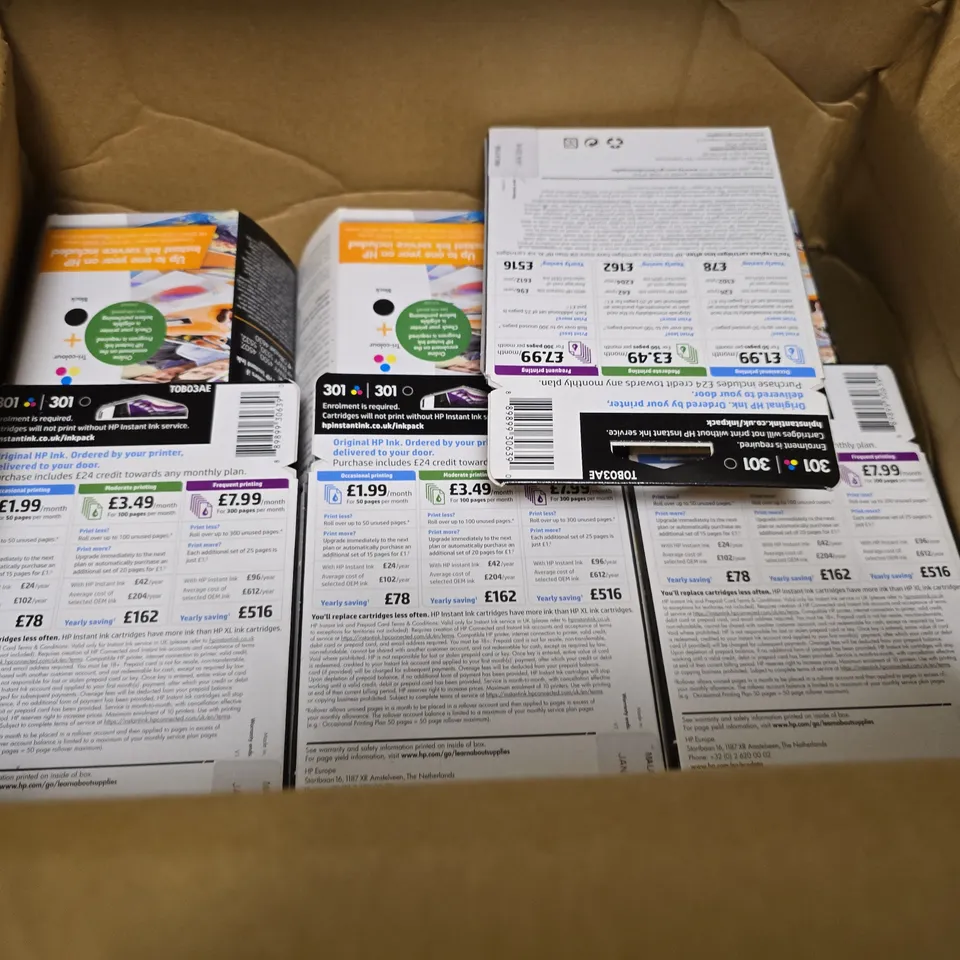 BOX OF APPROXIMATELY 7 SEALED HP 301 INSTANT INK PACK 