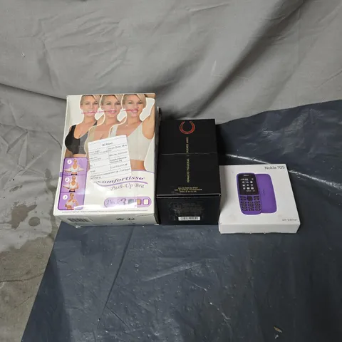 BOX OF APPROXIMATELY 15 ASSORTED HOUSEHOLD ITEMS TO INCLUDE NOKIA 105 PHONE, AFTERSHAVE, COMFORTISSE PUSH UP BRA PACK ETC