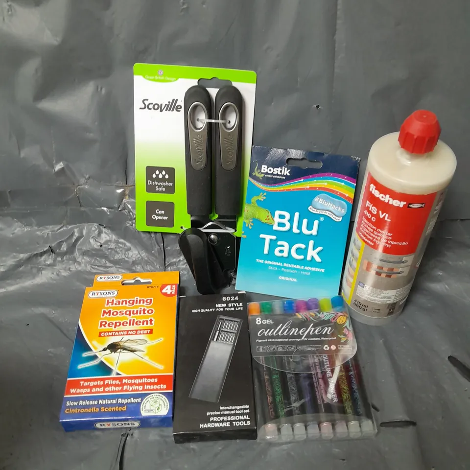 APPROXIMATELY 20 ASSORTED HOUSEHOLD ITEMS TO INCLUDE BLU TACK, CAN OPENER, MOSQUITO REPELLENT, ETC