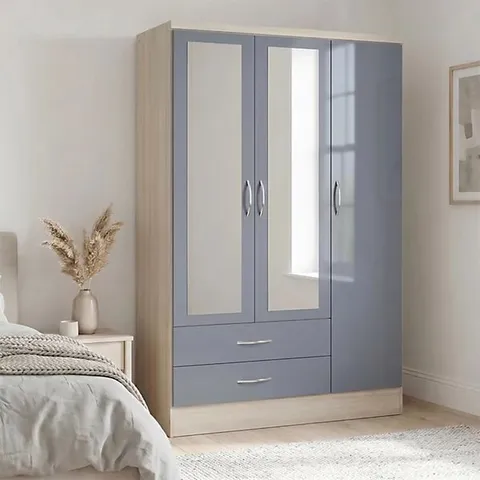 BOXED NEVADA GREY GLOSS & LIGHT OAK 3 DOOR 2 DRAWER MIRRORED WARDROBE (3 BOXES)
