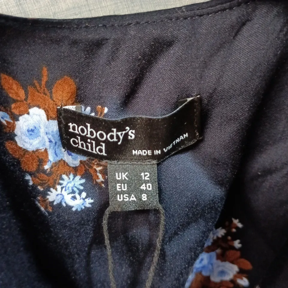 NOBODY'S CHILD FAE MINI DRESS – NAVY FLORAL PRINT, UK 12 (EU 40, USA 8)