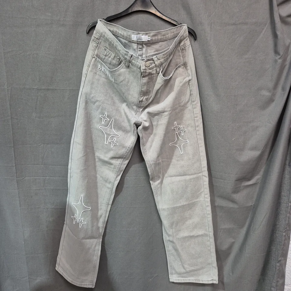 UK 30 BROKEN PLANET MARKET GREY DENIM JEANS WITH STAR EMBROIDERY