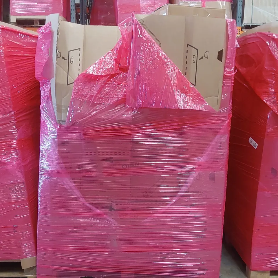 PALLET OF ASSORTED ITEMS INCLUDING: HIGH PRESSURE WASHER, LED MONITOR, 36" TRAMPOLINE, SHELVES ECT
