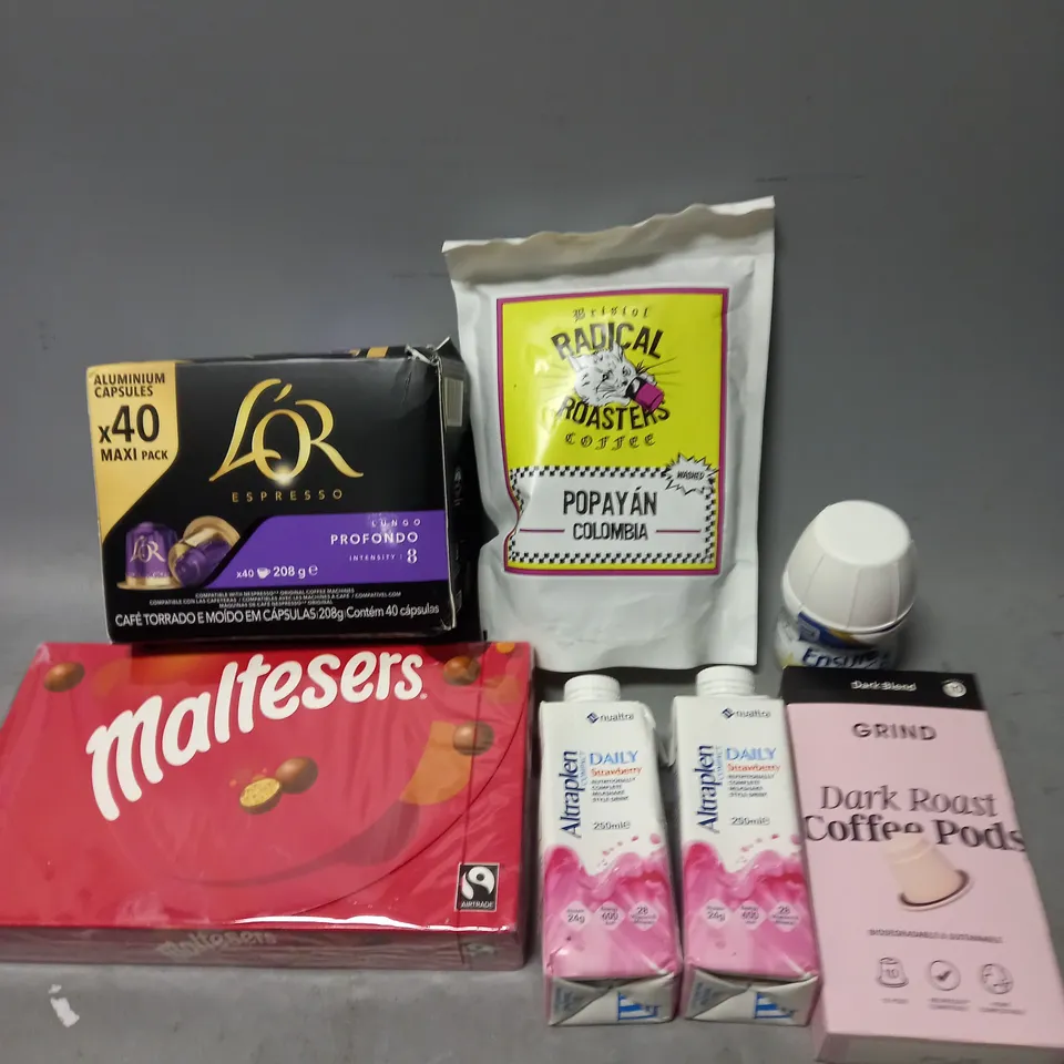 APPROXIMATELY 10 ASSORTED FOOD/DRINK PRODUCTS TO INCLUDE L'OR COFFEE, GRIND COFFEE PODS, ALTRAPLEN DAILY ETC - COLLECTION ONLY 