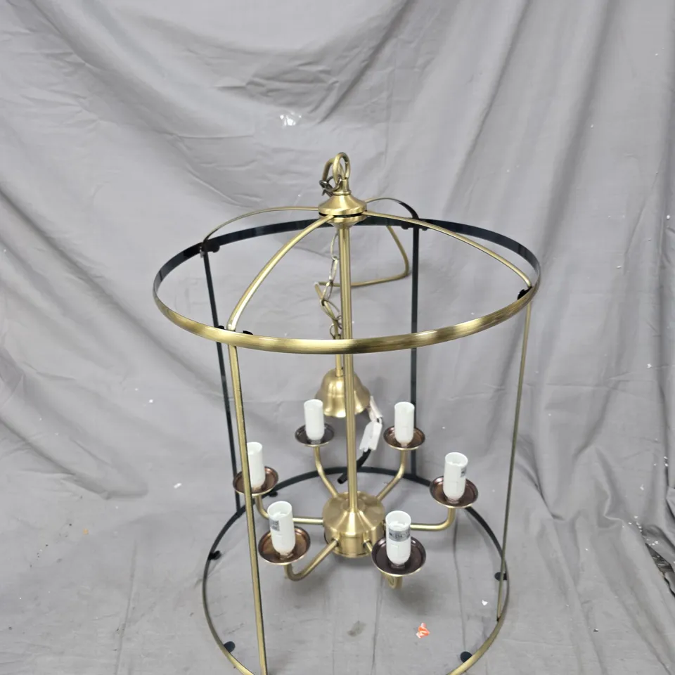 BRASS & BLACK CHANDELIER FRAME WITH SIX CANDLE-STYLE BULBS