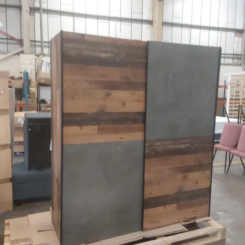 DESIGNER DOUBLE SLIDING DOOR WARDROBE WITH OAK AND CONCRETE FINISH, 170.3 CM W X 190.5 CM H X 61.2 CM D