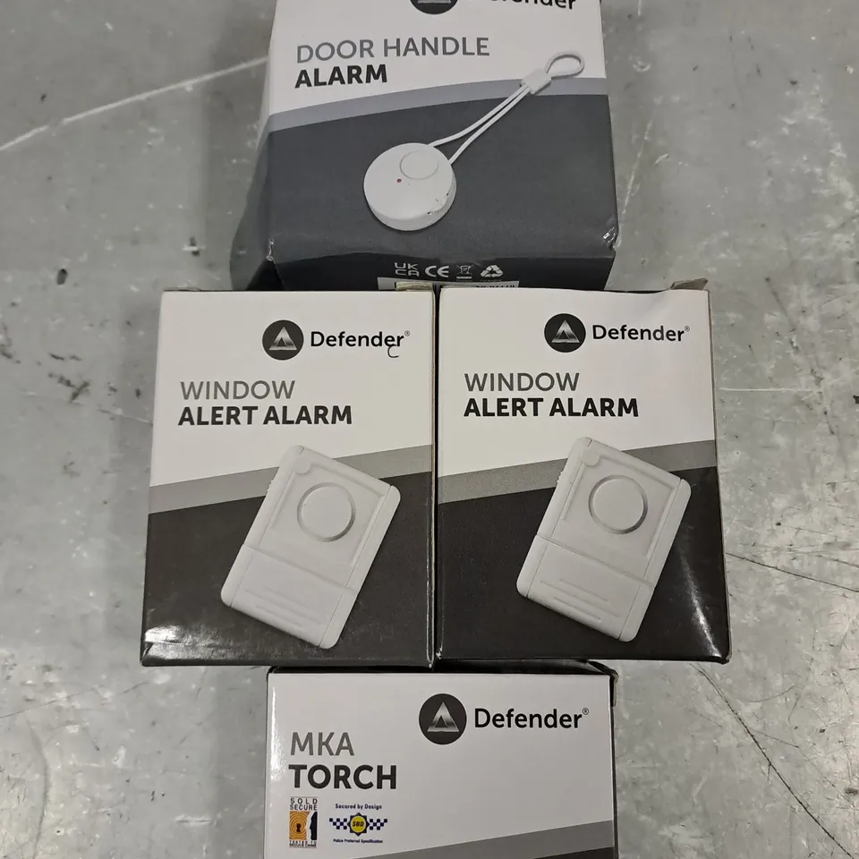 4 ASSORTED DEFENDER ITEMS TO INCLUDE MKAS TORCH, WINDOW ALERT ALARMS, DOOR HANDLE ALARM