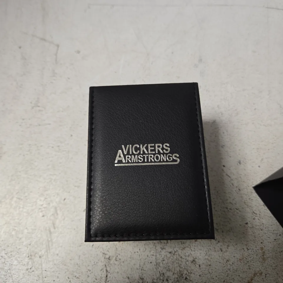 VICKERS ARMSTRONGS WRISTWATCH – STAINLESS STEEL CASE, BLACK CHRONOGRAPH DIAL, LEATHER STRAP (BOXED)