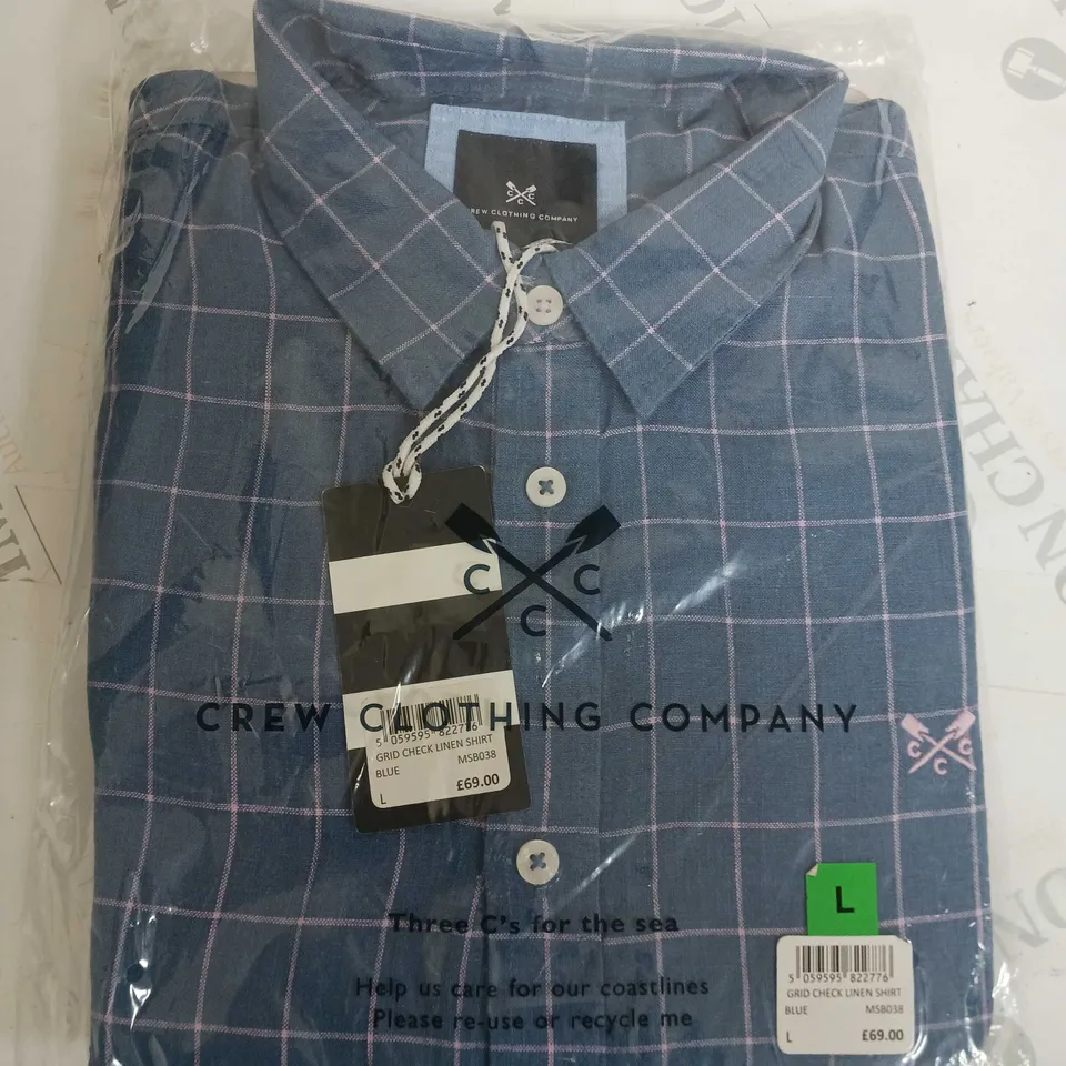 CREW CLOTHING COMPANY GRID CHECK LINEN SHIRT - SIZE LARGE