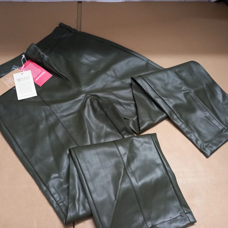 MONSSON DARK GREEN LEATHER LOOK TROUSERS - UK 10