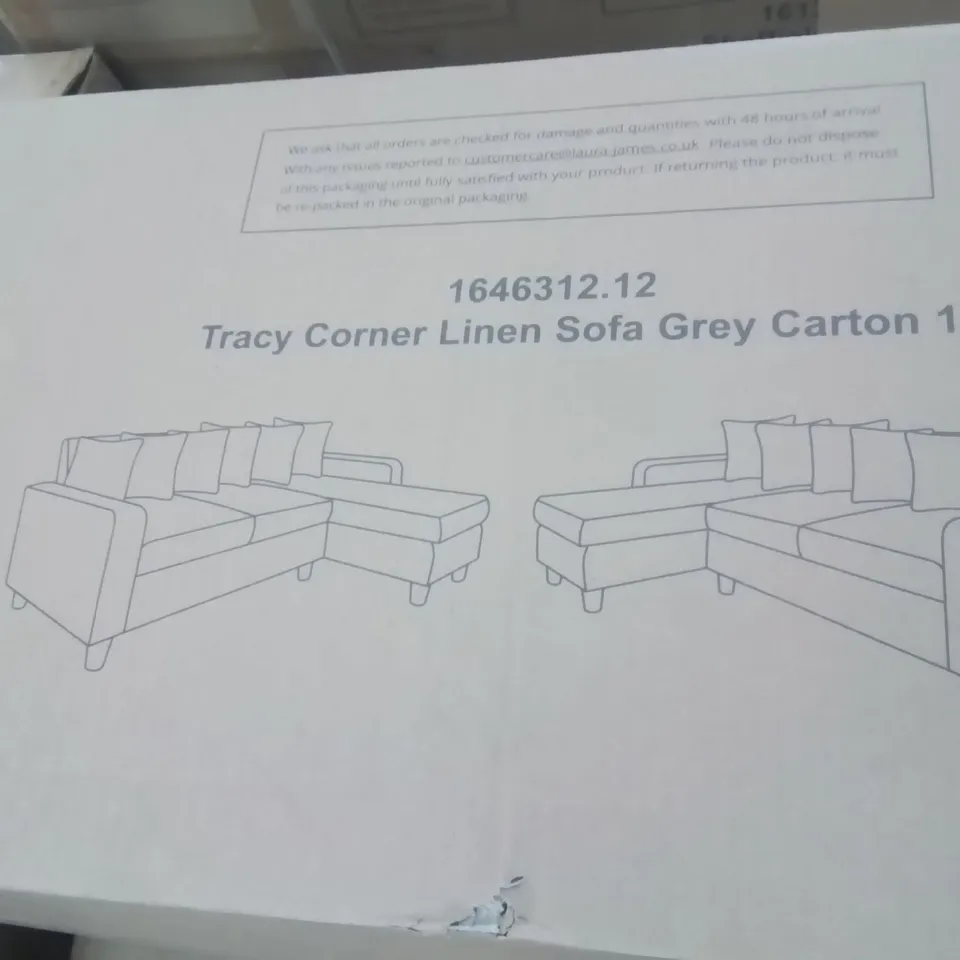 BOXED MITZI 2-PIECE GREY CORNER LINEN SOFA (2 BOXES) RRP £4