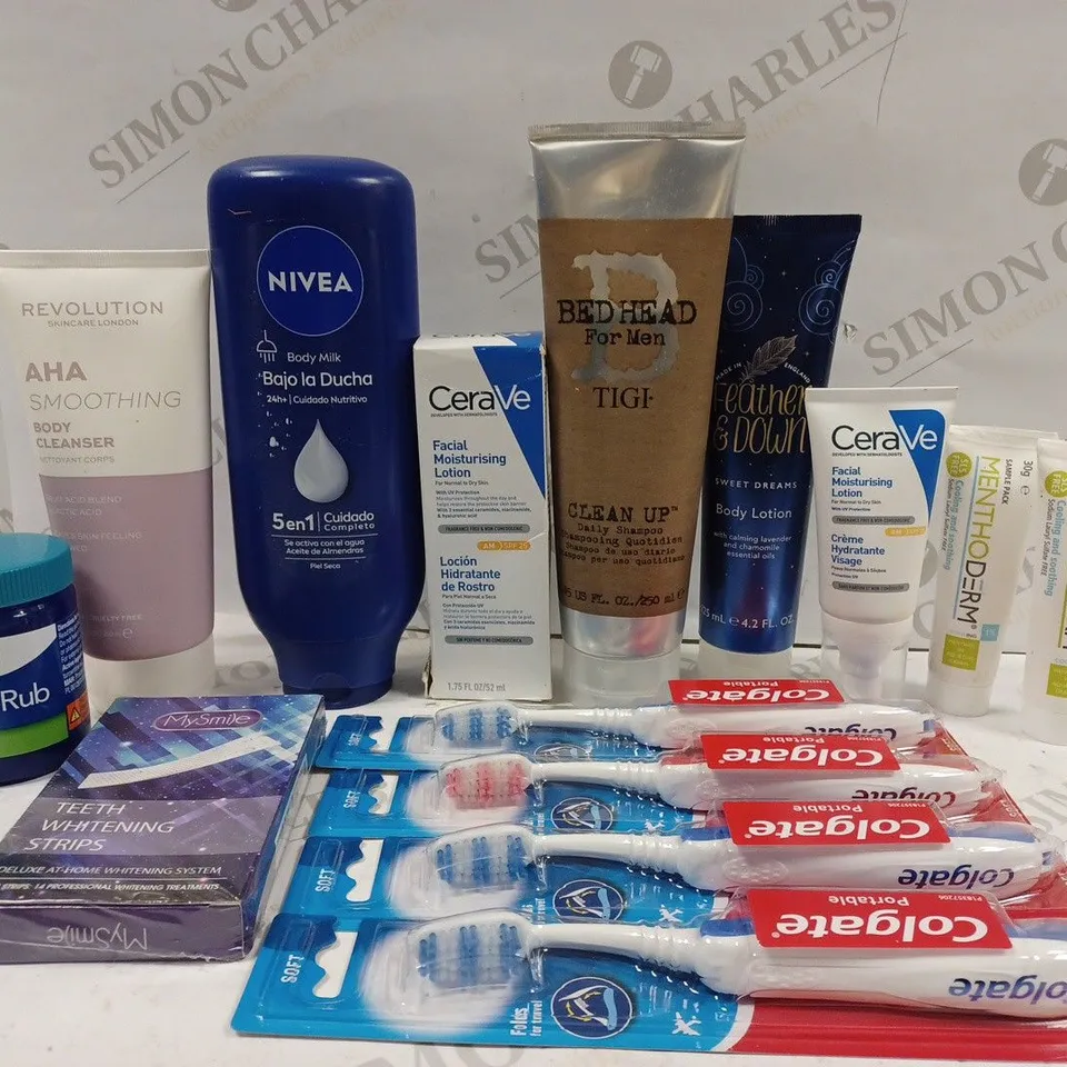 BOX OF APPROX 10 ASSORTED BEAUTY PRODUCTS TO INCLUDE NIVEA BODY MILK, COLGATE TOOTHBRUSH, CERA VE MOISTURISING LOTION, ETC 