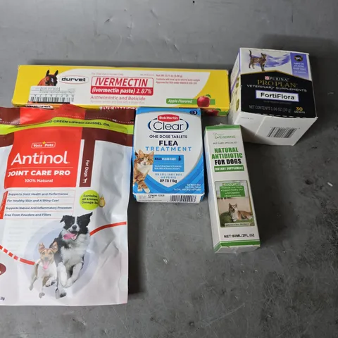 APPROXIMATELY 15 ASSORTED ITEMS TO INCLUDE - ANTINOL JOINT CARE PRO , NATURAL ANTIBIOTIC FOR DOGS, CLEAR FLEA TREATMENT ETC