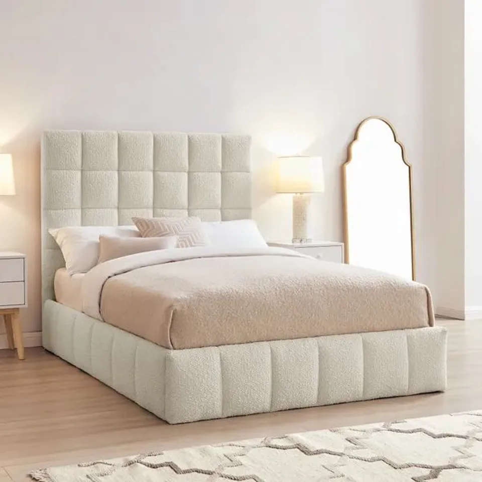 BOXED LIMELIGHT STARLA 5FT KING OTTOMAN BED FRAME, BOUCLE - IVORY (3 BOXES) RRP £749
