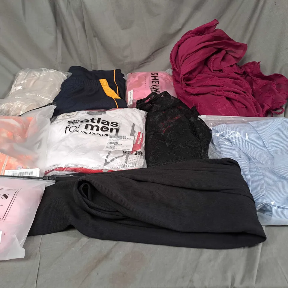 BOX OF ASSORTED CLOTHING ITEMS IN VARIOUS COLOURS, SIZES AND STYLES