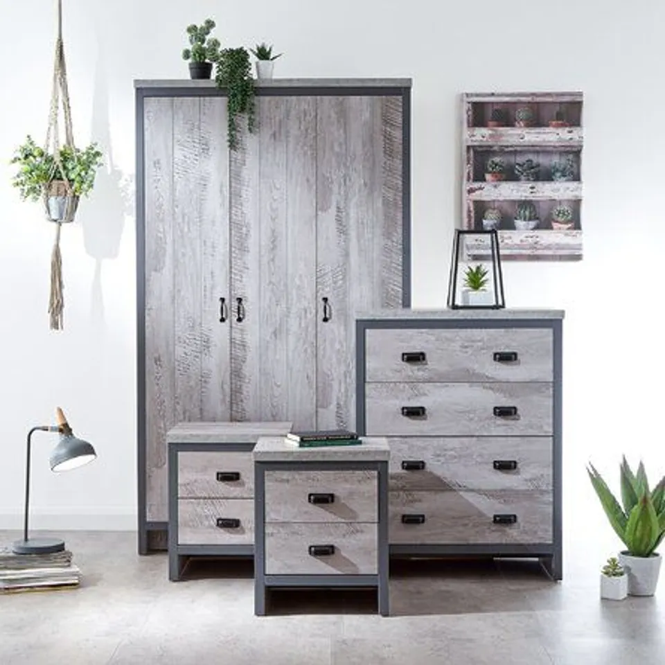 BOXED BOSTON 4 PIECE 2 DRAWER BEDROOM SET/ BEDSIDE CABINETS- GREY (5 BOXES)
