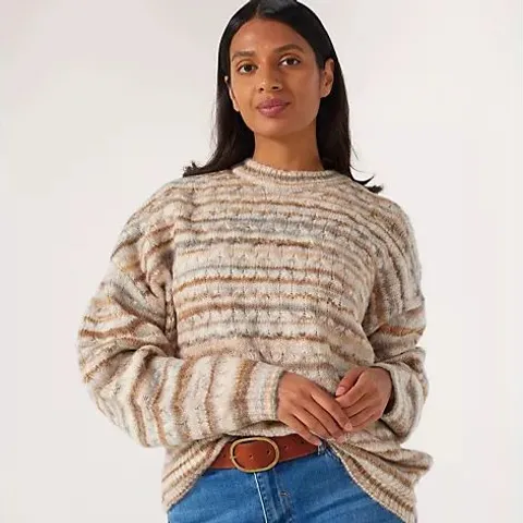 APRICOT WOOL-BLEND STRIPE ARAN JUMPER