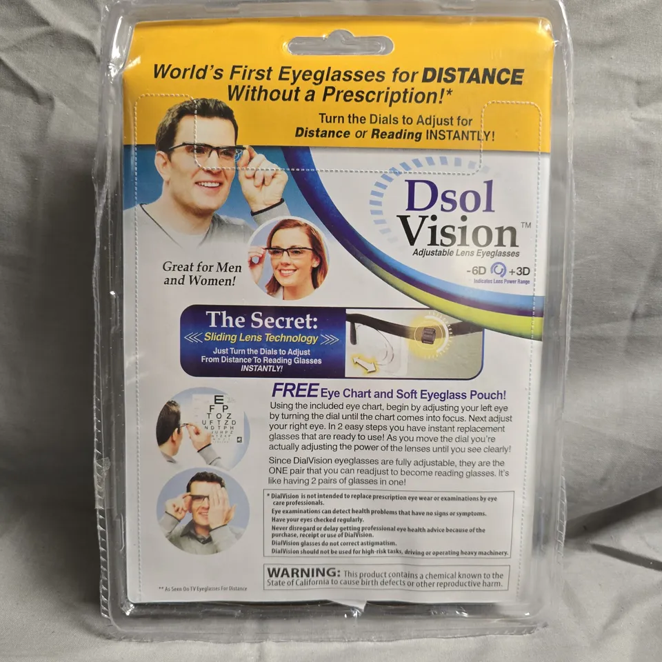 DSOL VISION ADJUSTABLE LENS EYEGLASSES – DISTANCE/READING GLASSES (SEALED IN PACKAGING)