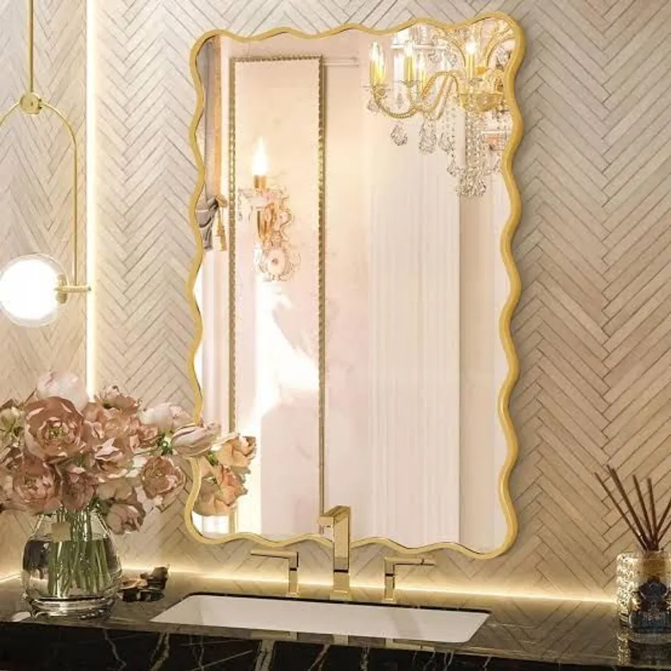 BOXED 24 IN. W X 36 IN. H RECTANGLE GOLD ALUMINUM ALLOY FRAMED WALL MIRROR DECORATIVE WALL MIRROR