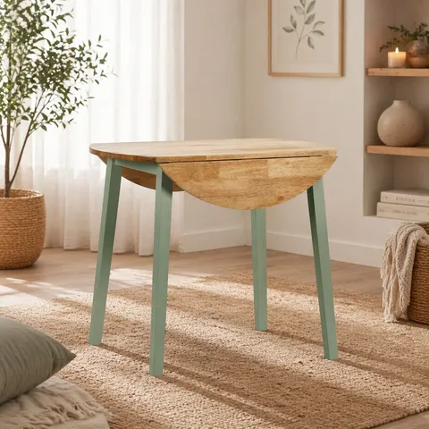 BOXED DINING TABLE LINWOOD SAGE GREEN AND NATURAL ROUND DROP LEAF TABLE (1 BOX)