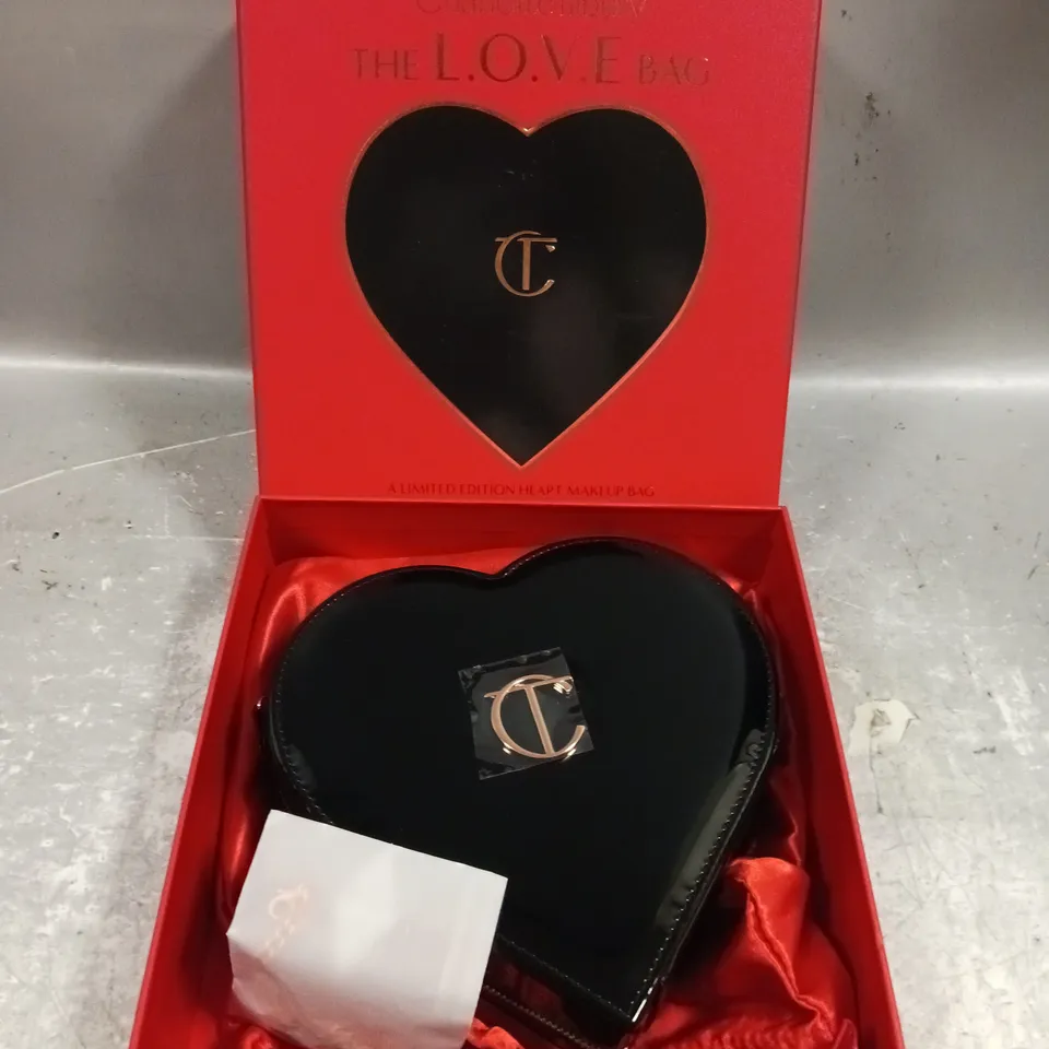 BOXED CHARLOTTE TILBURY THE LOVE BAG HEART MAKE UP BAG IN BLACK