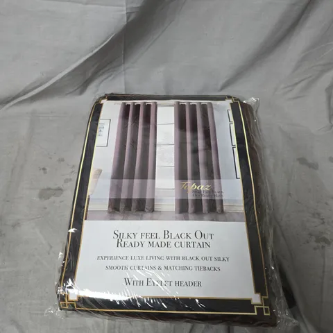 TOPAZ HOME EYELET CURTAINS IN BROWN – SILKY FEEL BLACK OUT READY MADE, ONE PAIR, 66 X 54 IN (167 X 137 CM)