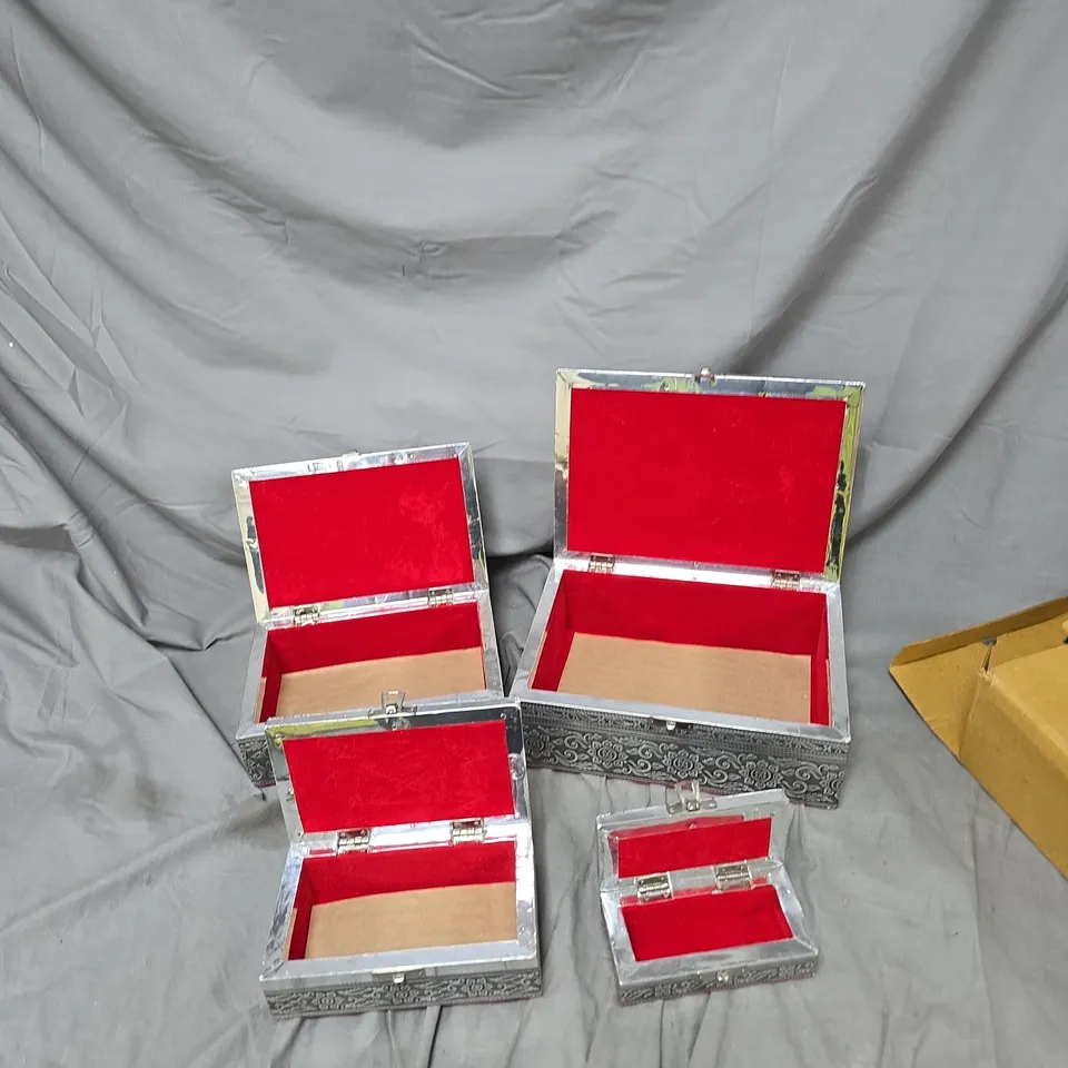 SET OF 4 ORNATE SILVER-TONE JEWELLERY BOXES WITH RED INTERIORS