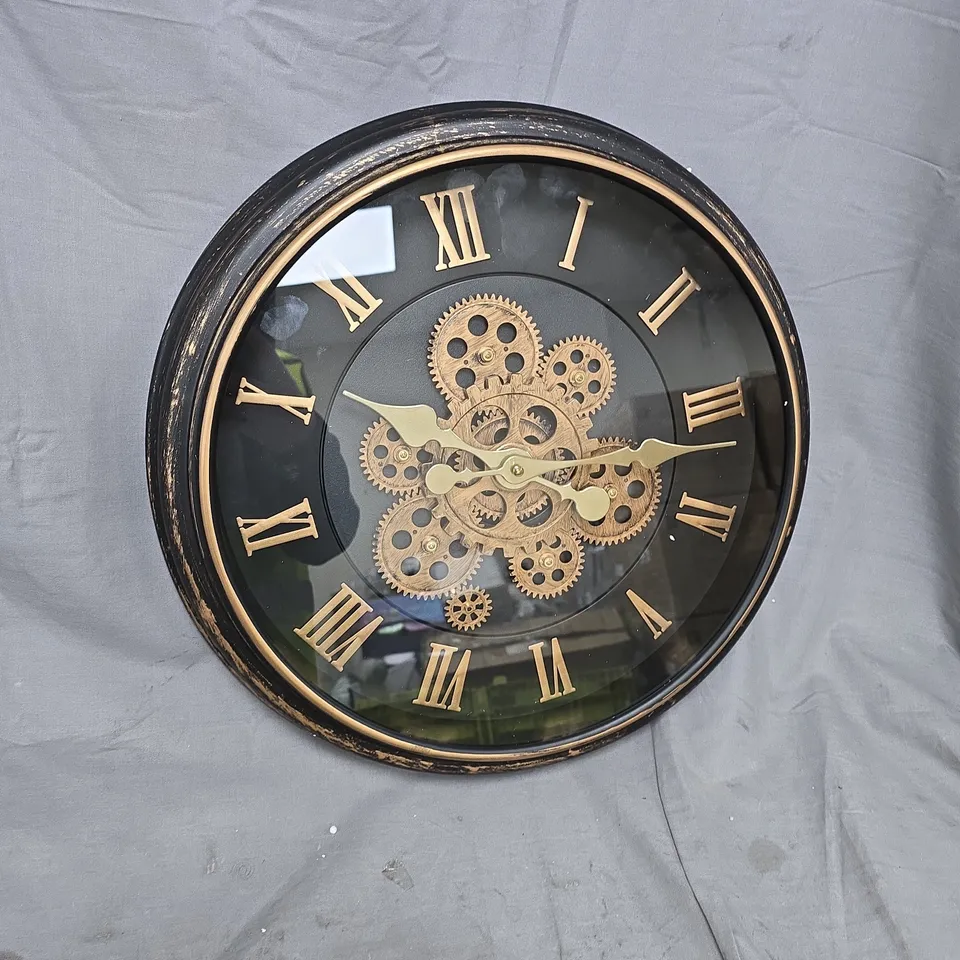 WALL CLOCK WITH EXPOSED GEARS - BLACK FRAME