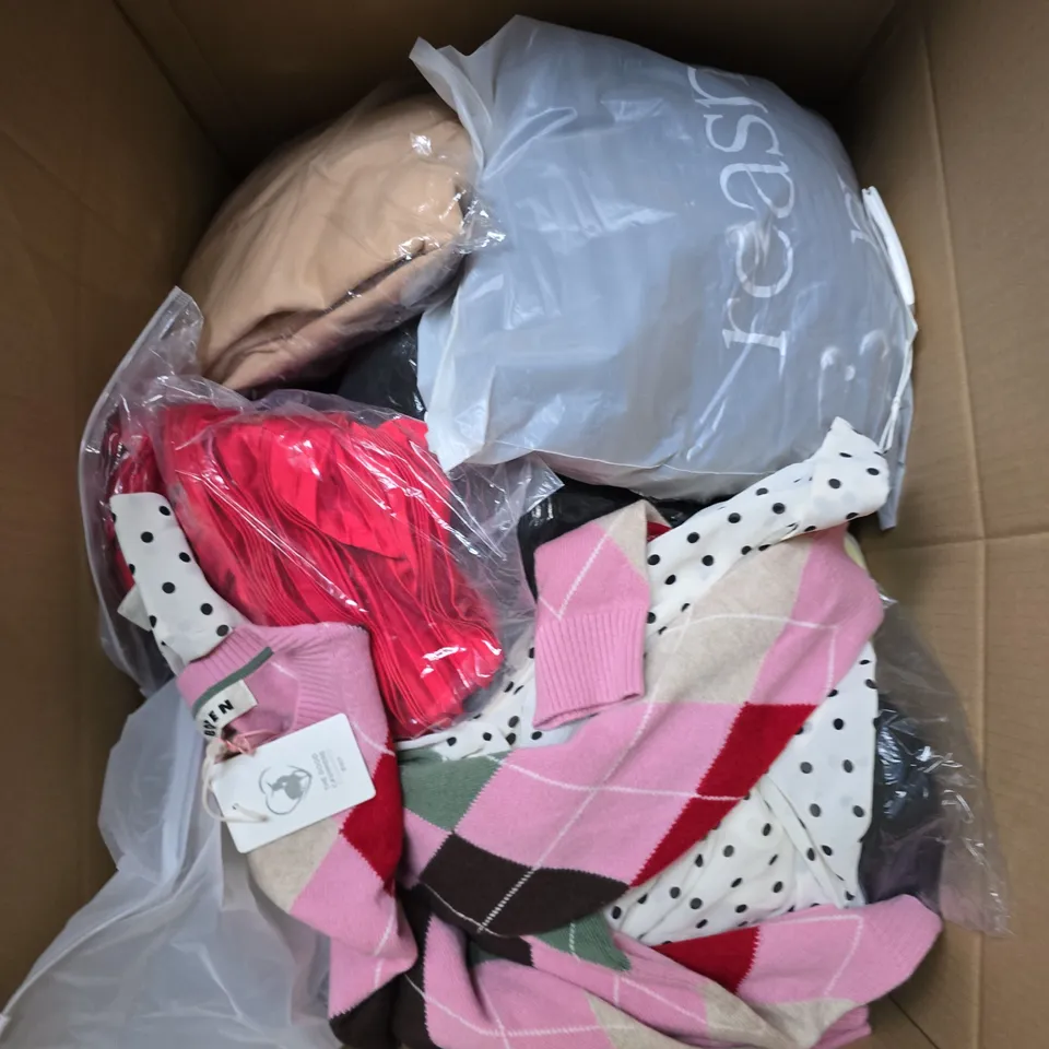 BOX OF APPROXIMATELY 20 ASSORTED CLOTHING ITEMS TO INCLUDE DRESS, TOPS, TROUSERS, ETC