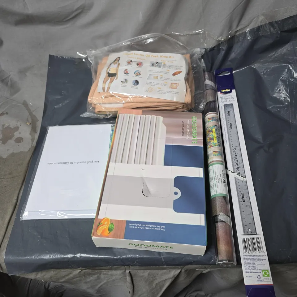 APPROXIMATELY 20 ASSORTED HOUSEHOLD ITEMS TO INCLUDE RULER, WALLPAPER, PULL UP VEST BAG, CASTOR OIL PACK WRAP KIT, CHRISTMAS CARDS ETC