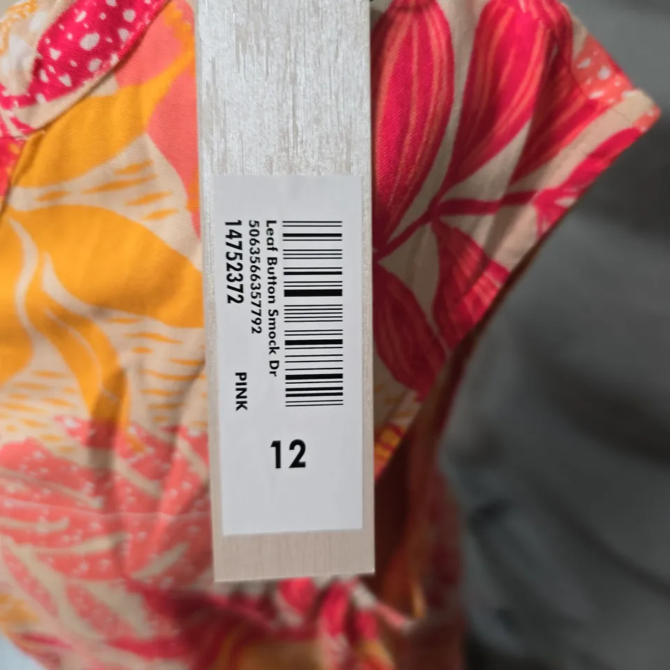 ROMAN LEAF BUTTON SMOCK DRESS – FLORAL PINK/ORANGE (SIZE 12)