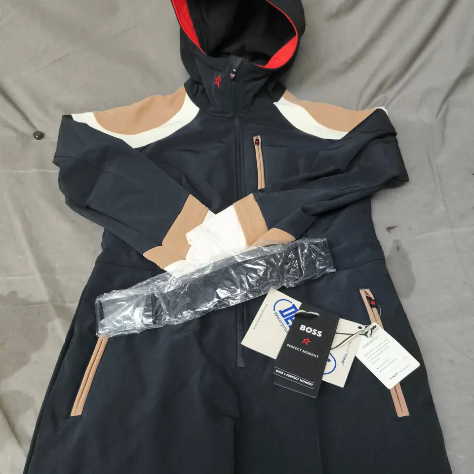 HUGO BOSS SKI SUIT - BLACK WITH TAN/CREAM PANELS, UK 12