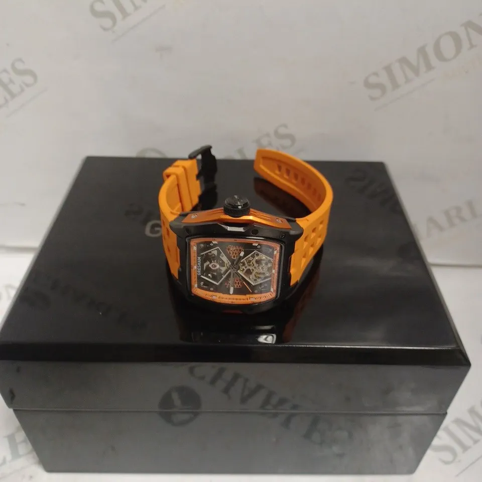 BOXED GRESHAM GENTS GENESIS G1 SPECIAL EDITION WATCH - SKELETON - STAINLESS STEEL - RUBBER STRAP - 5 ATM. 