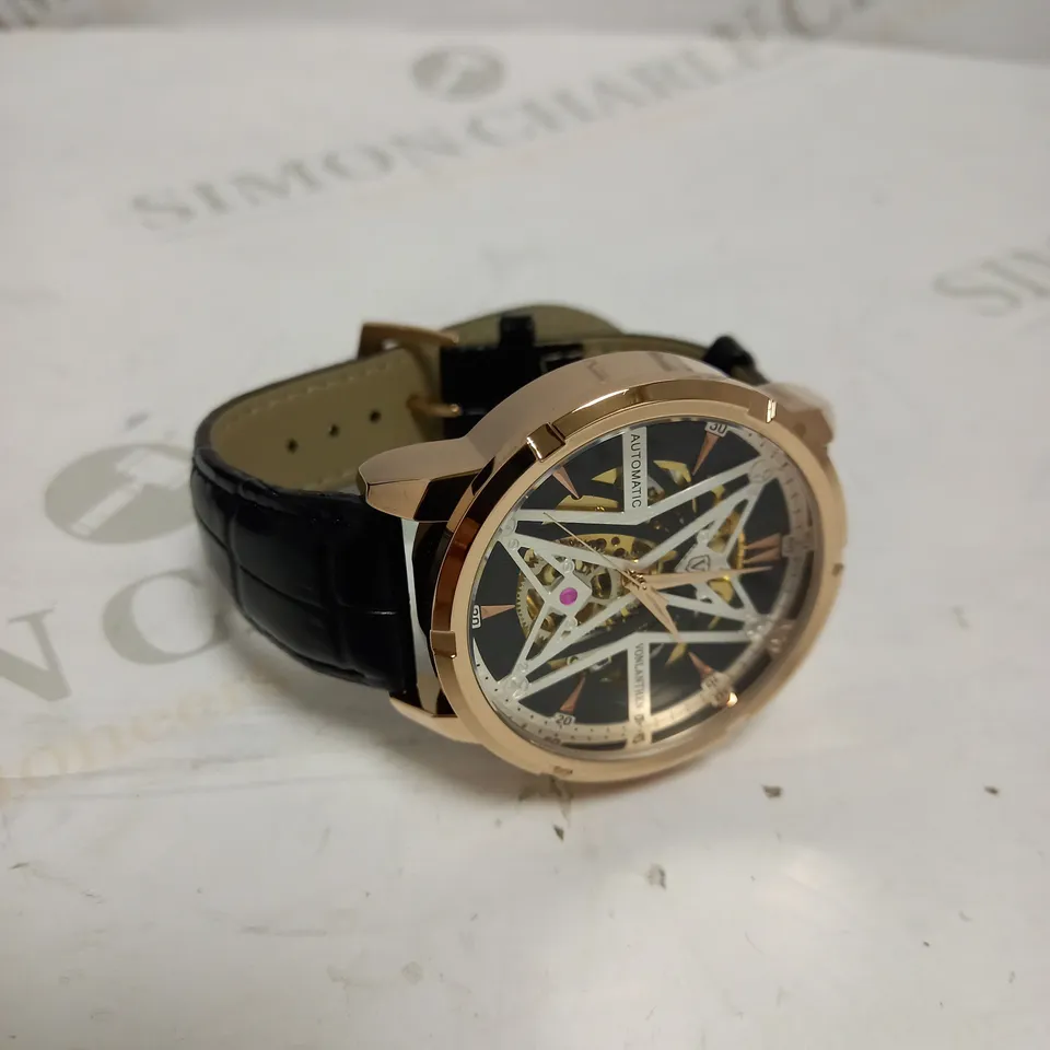 MENS VONLANTHEN AUTOMATIC SKELETON WATCH – V110 - GLASS EXHIBITION BACKCASE – BLACK LEATHER STRAP