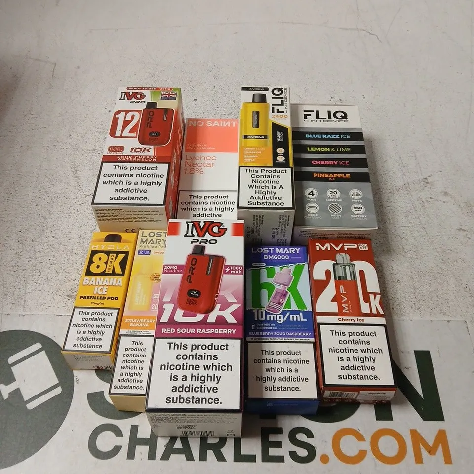 APPROXIMATELY 25 ASSORTED E-CIGARETTE & VAPING ITEMS IN VARIOUS BRANDS TO INCLUDE IVG, LOST MARY, MVP ETC 