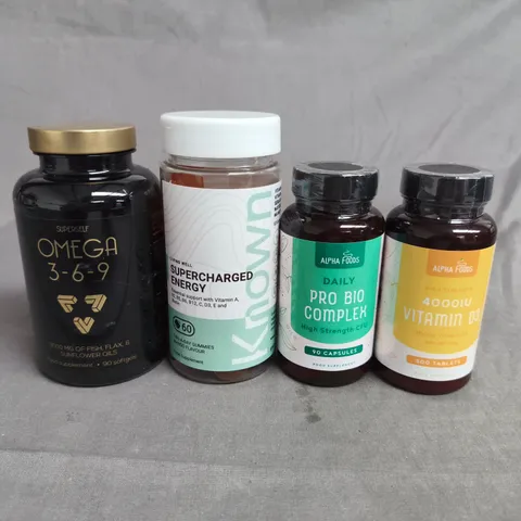 APPROX 10 ASSORTED ITEMS TO INCLUDE – OMEGA 3-6-9, SUPERCHARGED ENERGY GUMMIES, DAILY PRO BIO COMPLEX, VITAMIN D3 4000IU