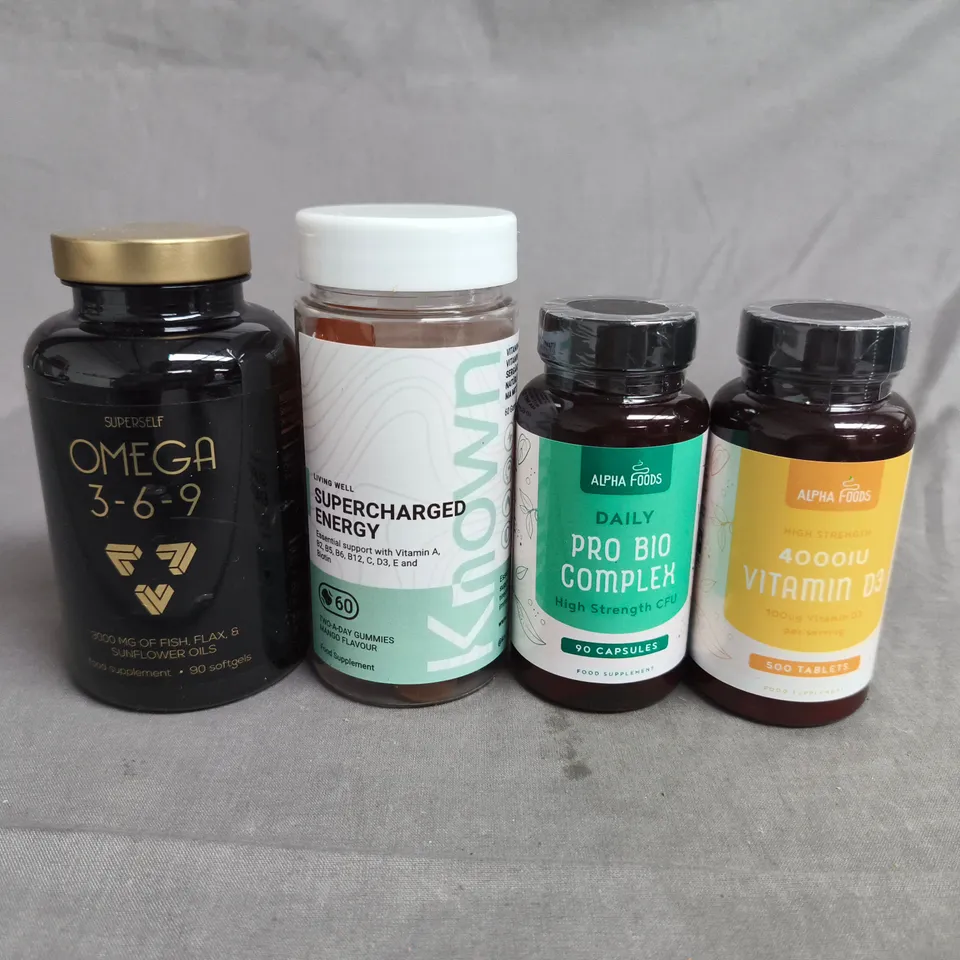 APPROX 10 ASSORTED ITEMS TO INCLUDE  – OMEGA 3-6-9, SUPERCHARGED ENERGY GUMMIES, DAILY PRO BIO COMPLEX, VITAMIN D3 4000IU 