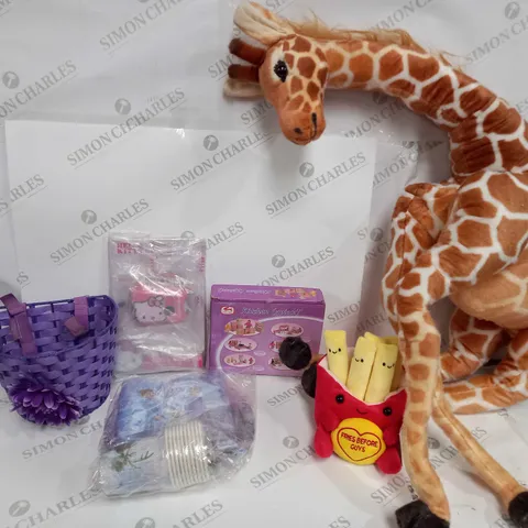 BOX OF APPROX 20 ITEMS TO INCLUDETALL GIRAFFE, FRIES BEFORE GUY PLUSH TEDDY, FROZEN PAPER PLATES