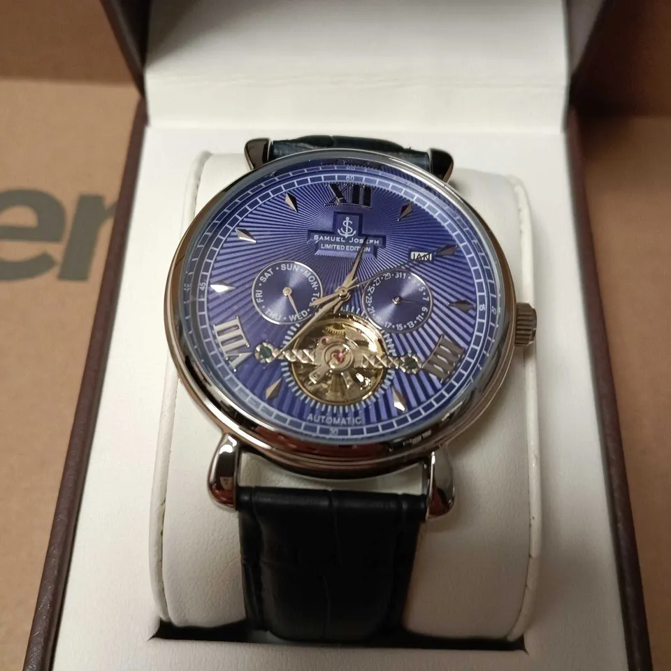 BOXED SAMUEL JOSEPH AUTOMATIC LIMITED EDITION SILVER WATCH WITH BLUE DIAL