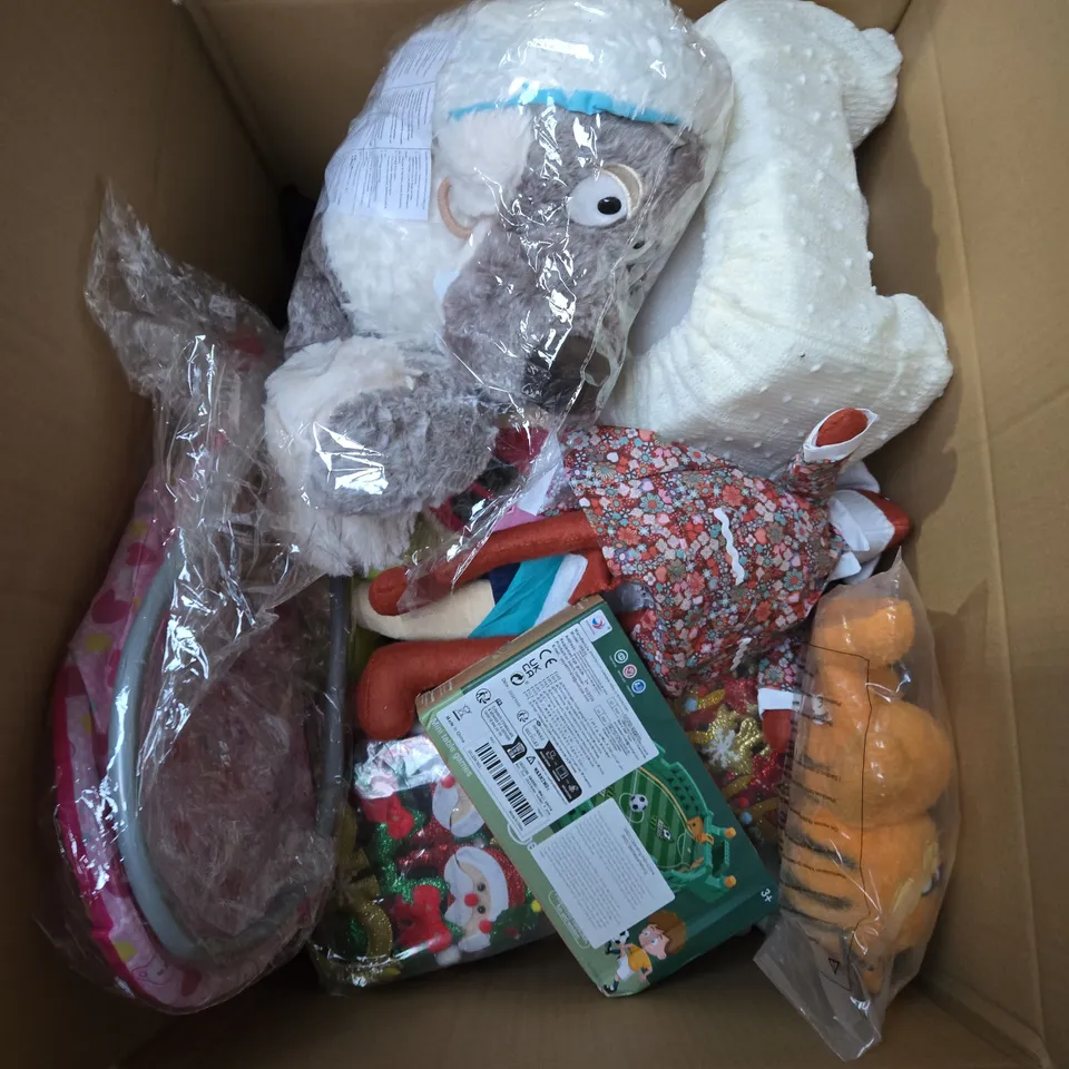 LARGE BOX OF ASSORTED TOYS AND GAMES TO INCLUDE FANCY DRESS, BABY PRAMS AND TEDDIES