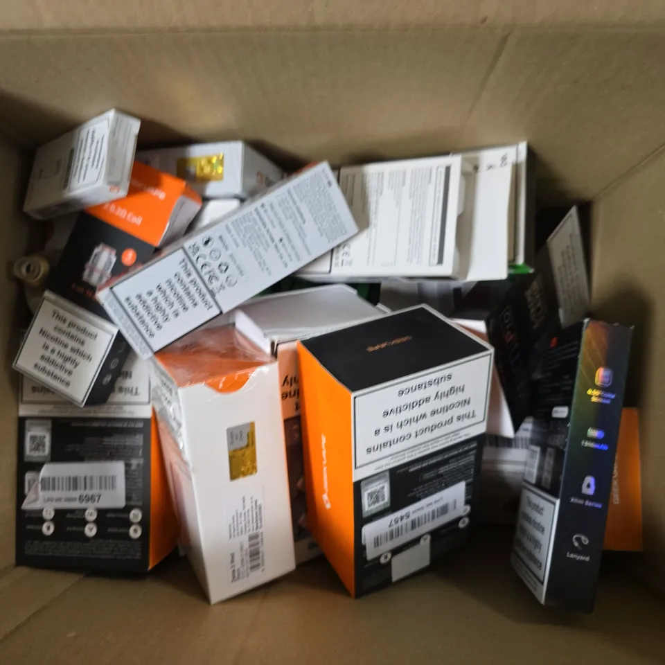 BOX OF APPROXIMATELY 18 ASSORTED E-CIGARETTES PRODUCTS TO INCLUDE - GEEK VAPE , OXVA , VAPORESSO 