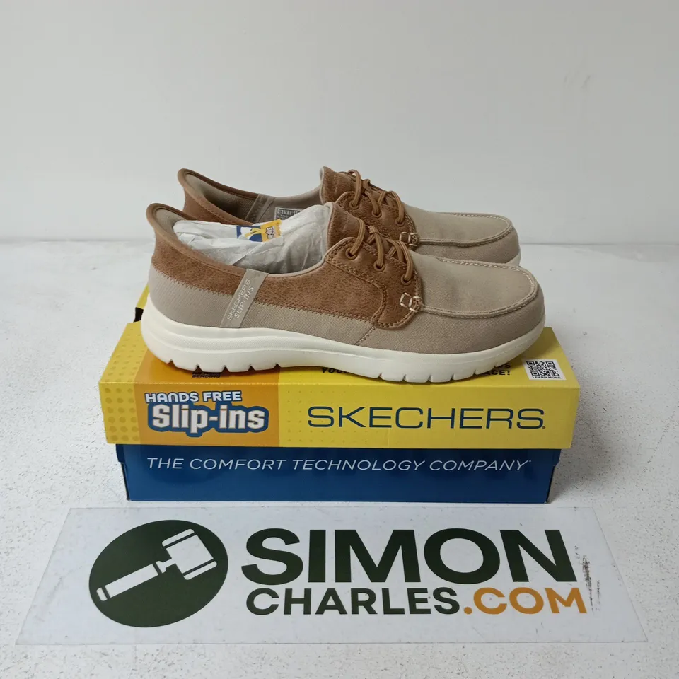 BOXED PAIR OF SKECHERS SLIP-INS: ON-THE-GO FLEX PALMILLA CASUAL BOAT SHOES TAUPE - UK 7