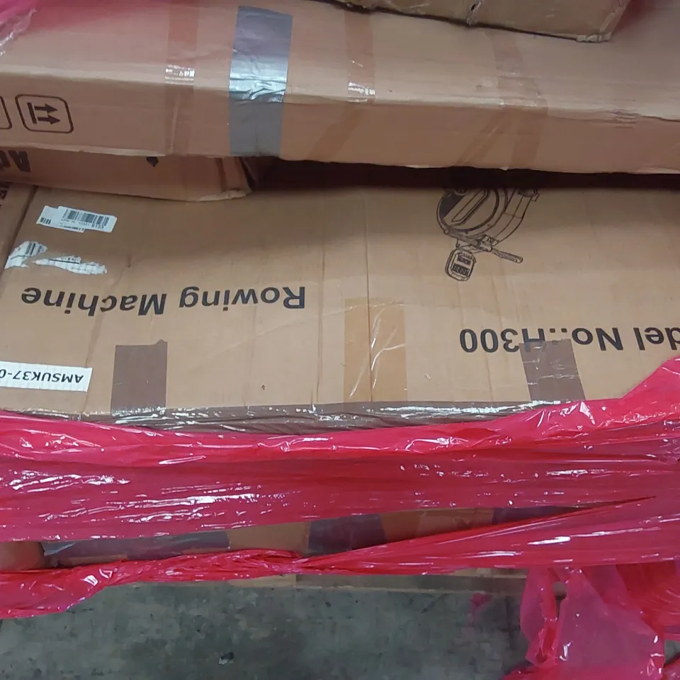 PALLET OF ASSORTED ITEMS INCLUDING: ROWING MACHINE, FOLDING EXERCISE BIKES, ADJUSTABLE DUMBELL SET ECT
