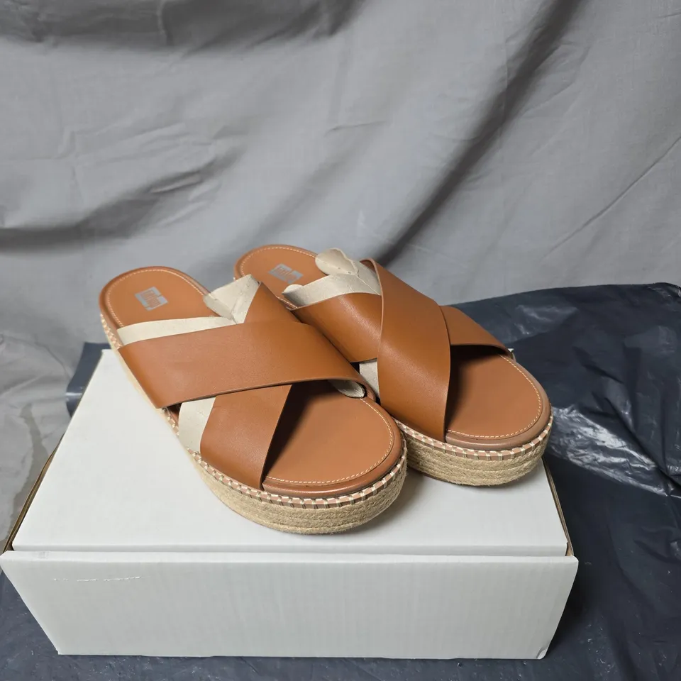 FITFLOP CROSS-STRAP SANDALS – BROWN LEATHER, WEDGE ESPADRILLE SOLE SIZE 7