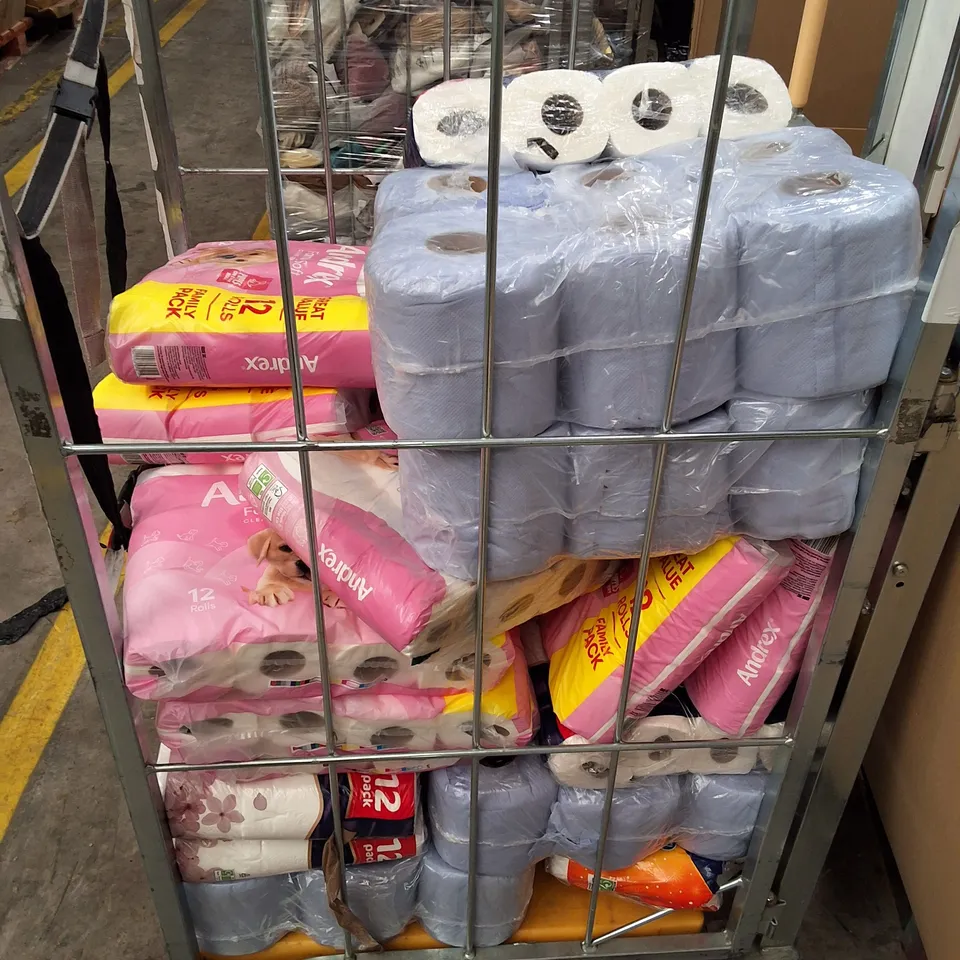 CAGE CONTAINING ASSORTED TOILET ROLLS & BLUE CENTREFEED ROLLS