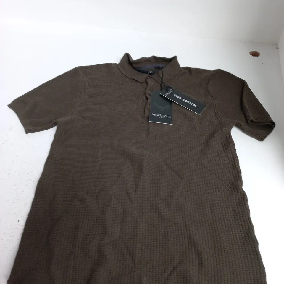 BRAVE SOUL LONDON BROWN 100% COTTON KNIT POLO SHIRT – SHORT SLEEVE, SIZE M