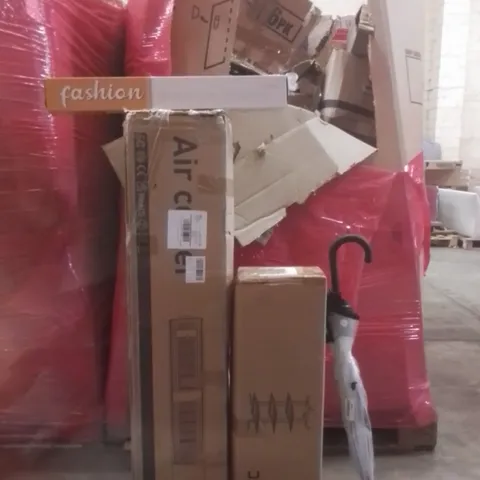 PALLET OF ASSORTED HOUSEHOLD GOODS AND FURNITURE TO INCLUDE; AIR COOLER, HOMIDEC RACK, WINDOW BLINDS ETC