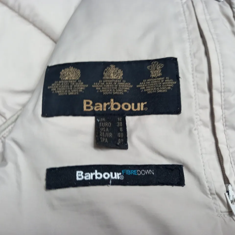 BARBOUR FIBERDOWN HOODED JACKET IN CREAM - UK 12