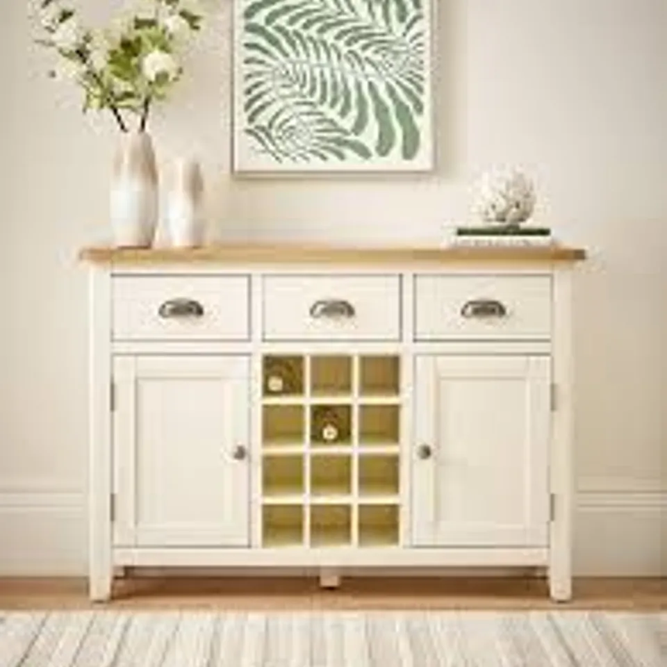 BOXED WOODLAND READY ASSEMBLED LARGE SIDEBOARD WITH WINE RACK - WHITE/OAK (1 BOX)