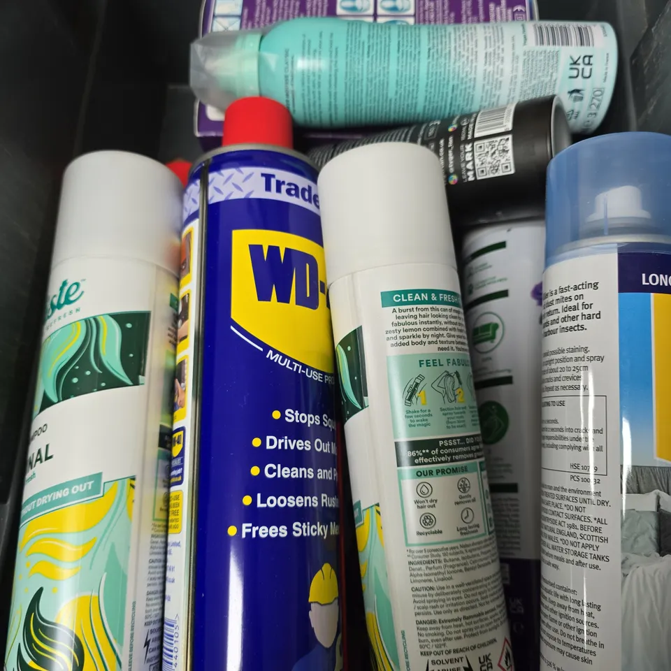 APPROXIMATELY 12 ASSORTED AEROSOLS INCLUDING FENJAL CLASSIC SHOWER MOUSSE , WELDTITE TF2 MULTI USE LUBRICANT SPRAY AND ZERO IN BED BUG & DUST MITE KILLER 